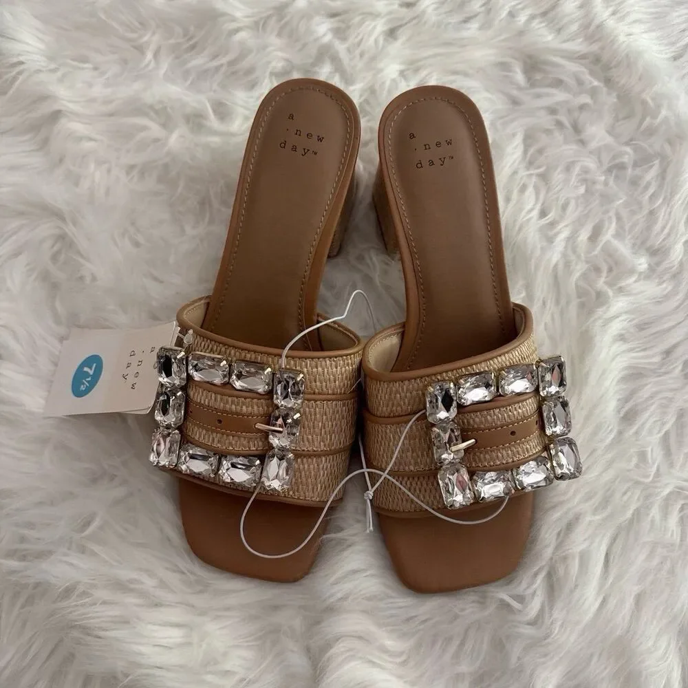 A New Day Kathleen Raffia Buckle Block Heels 7.5